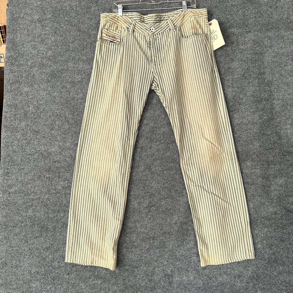Vintage Diesel Safado Jeans Mens 36x30 Beige Green Hickory Striped Straight Leg